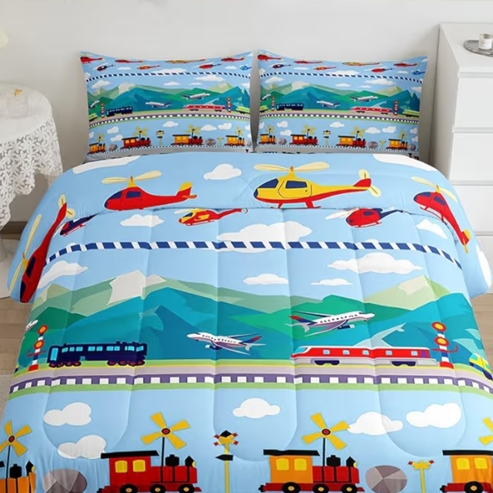 Kids' Transportation Themed Bedding Set Trains, Planes, Buses,helecopter